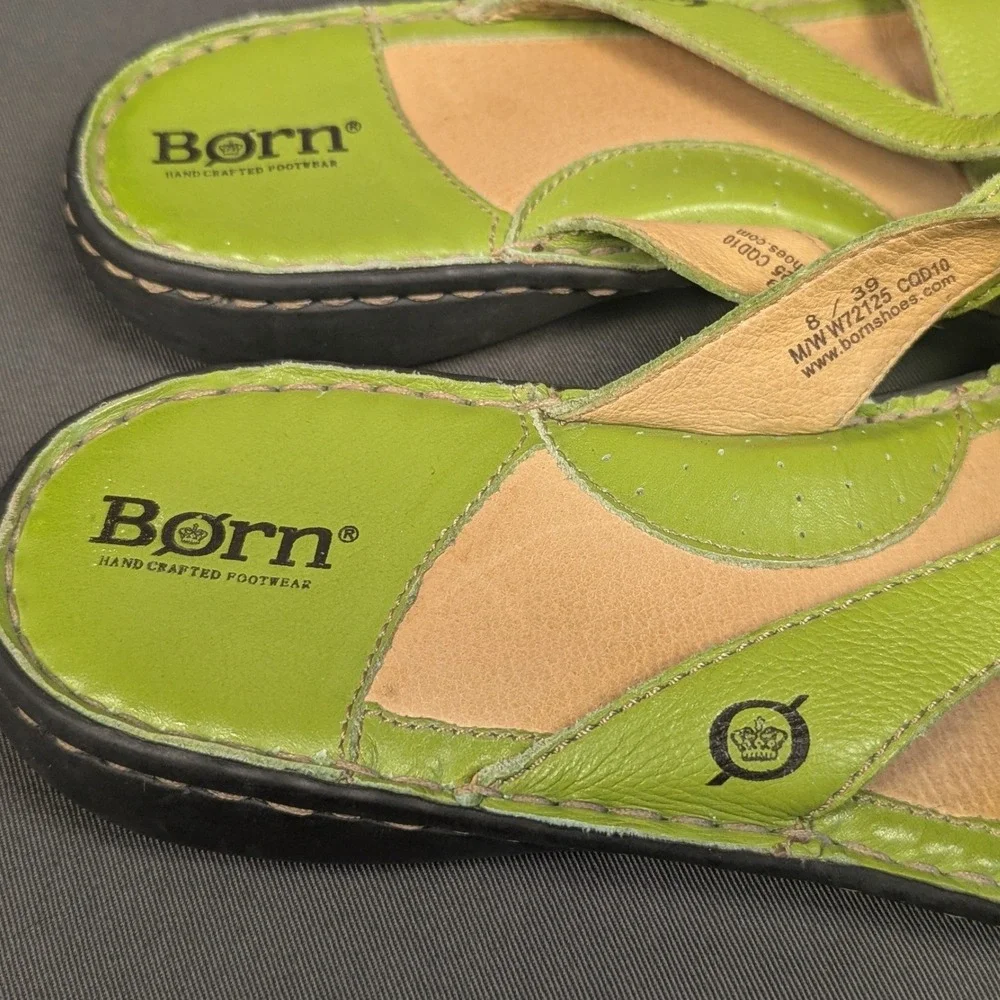 8 Born Chartreuse Acid Lime Green Leather Thong Sandal Slide Comfort Flat Women - Picture 5 of 7